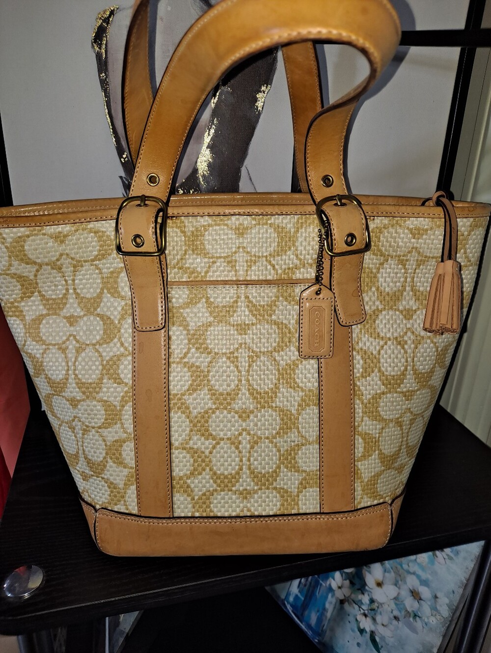 Coach Tan Leather & Cream Raffia In Signature CC Print Tote